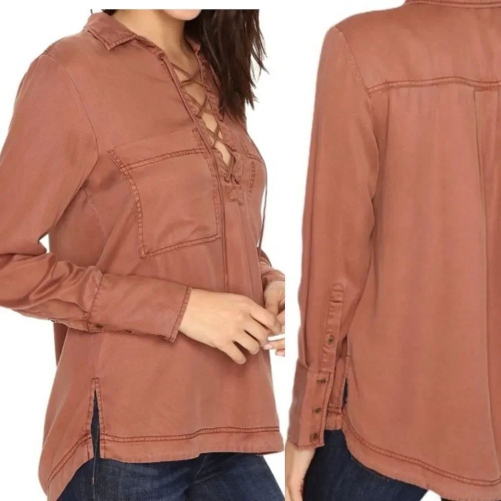 Free People Under Your Spell 100% Tencel orange long sleeve lace up blouse Top L